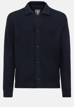 Tricots-Boggi Milano Cardigan Bleu Marine À Col Chemise En Laine Mérinos