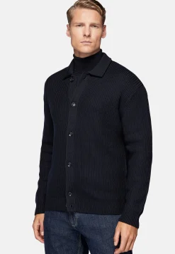 Tricots-Boggi Milano Cardigan Bleu Marine À Col Chemise En Laine Mérinos