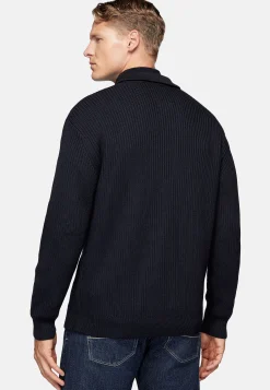 Tricots-Boggi Milano Cardigan Bleu Marine À Col Chemise En Laine Mérinos