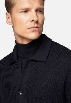Tricots-Boggi Milano Cardigan Bleu Marine À Col Chemise En Laine Mérinos