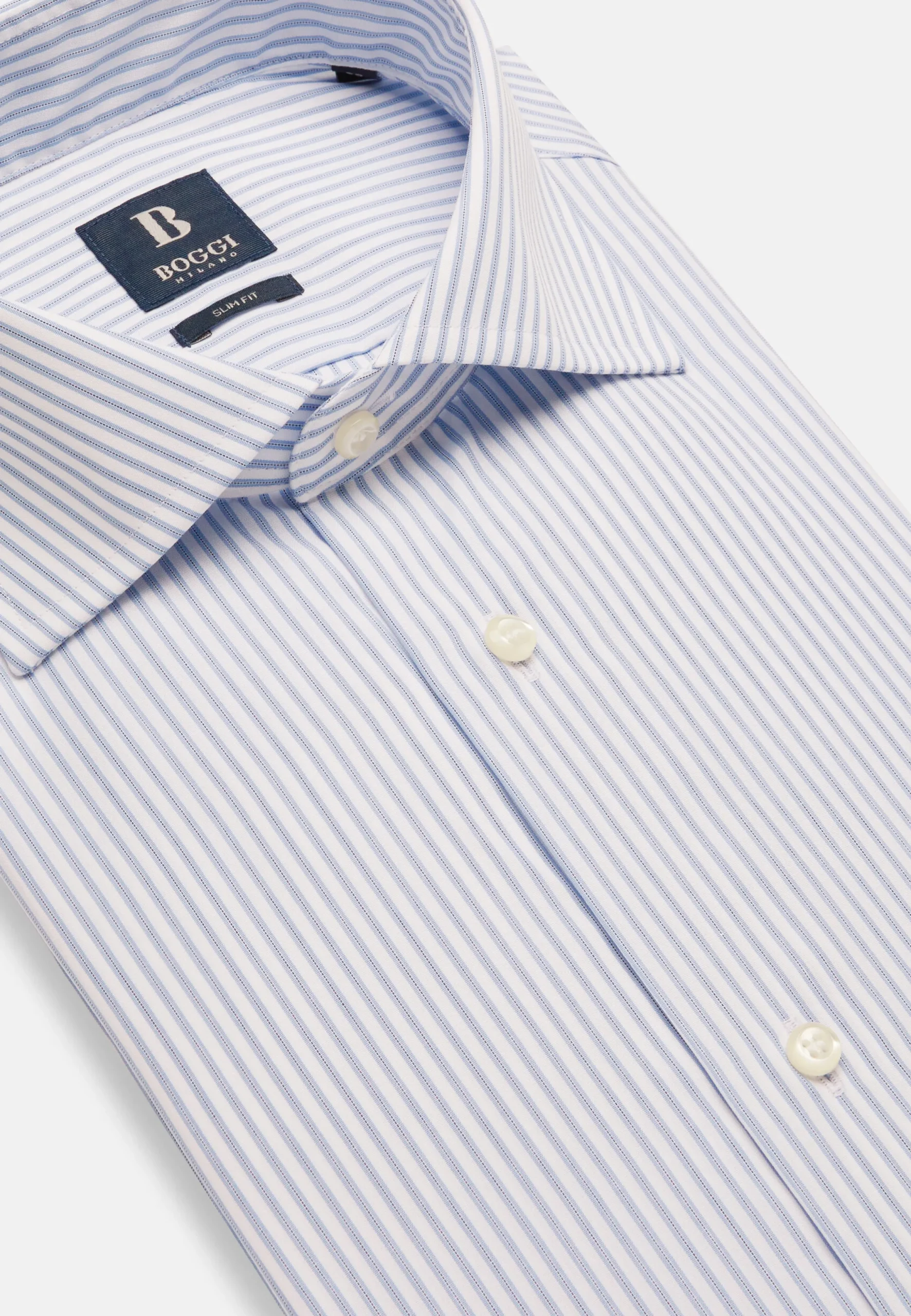 Chemises Habillées-Boggi Milano Chemise À Rayures Bleu Ciel En Coton Slim Fit Bleu clair