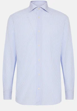 Chemises Habillées-Boggi Milano Chemise À Rayures Bleu Ciel En Coton Dobby Slim Fit Bleu clair
