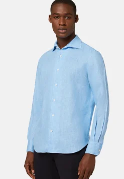 Chemises Décontractée-Boggi Milano Chemise Bleu Clair En Lin Coupe Droite