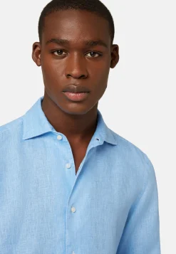 Chemises Décontractée-Boggi Milano Chemise Bleu Clair En Lin Coupe Droite