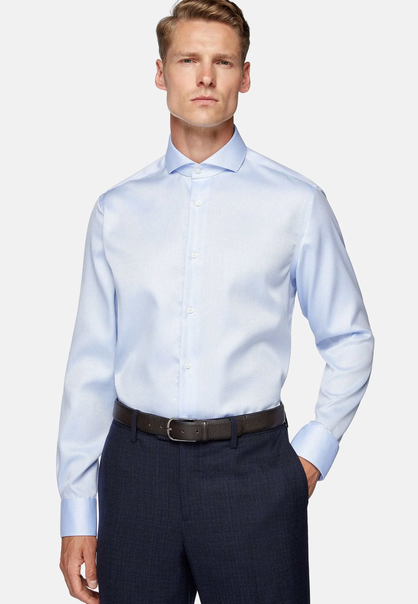 Chemises Habillées-Boggi Milano Chemise En Coton Dobby Slim Fit Bleu clair