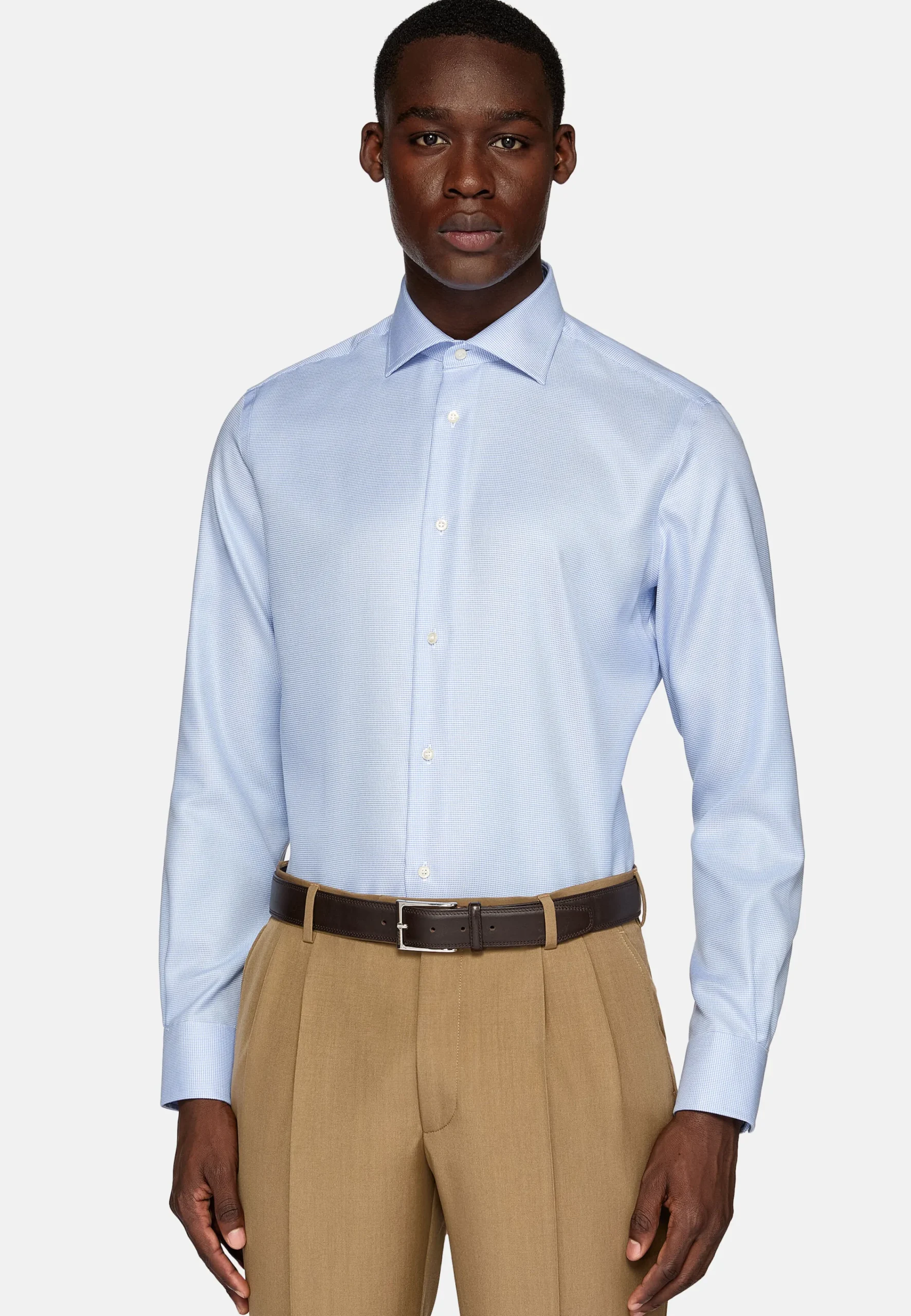 Chemises Habillées-Boggi Milano Chemise Pied-De-Poule En Coton Dobby Slim Fit Bleu clair
