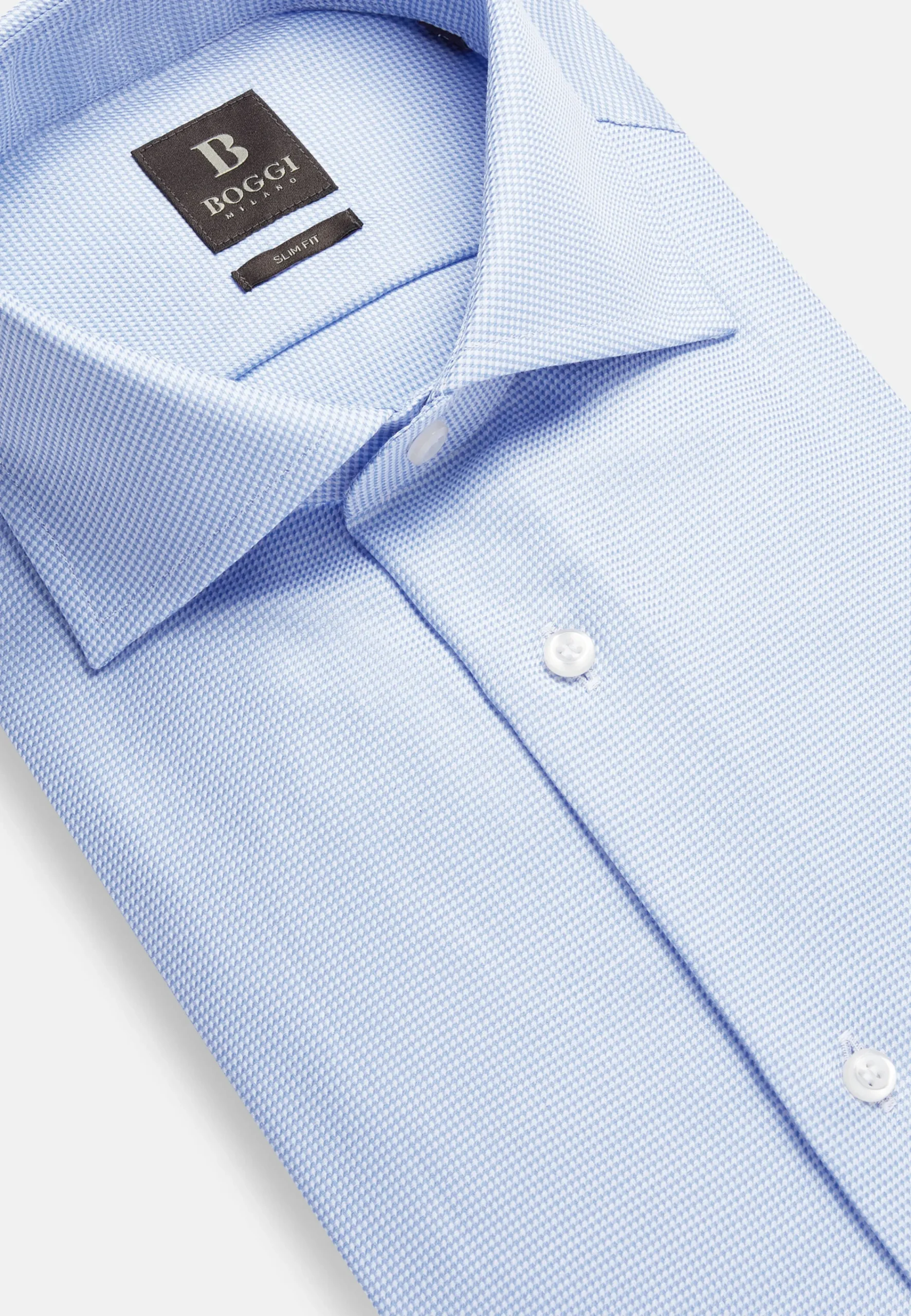 Chemises Habillées-Boggi Milano Chemise Pied-De-Poule En Coton Dobby Slim Fit Bleu clair