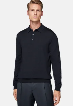 Polos|Tricots-Boggi Milano Polo En Maille Bleu Marine En Laine Mérinos