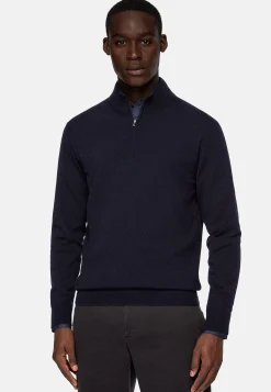 Tricots-Boggi Milano Pull Demi Zip Bleu Marine En Cachemire Mélangé